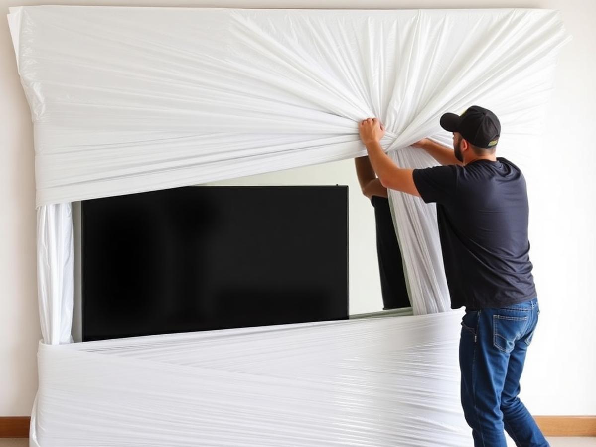 Movers wrapping furniture for transport
